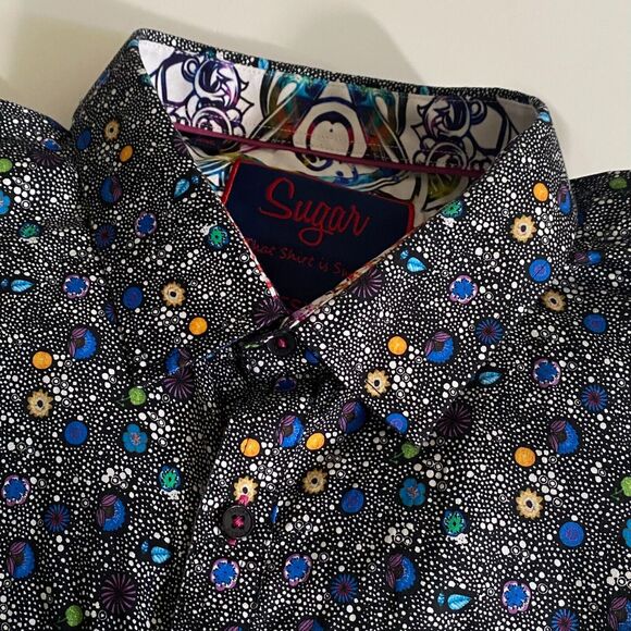 SUGAR Colorful All-Over Print Dress Shirt Men's 2XL Long Sleeve Flip Cuff Cotton - Picture 1 of 15